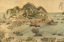 This drawing depicts the battle of battleships at Hakodate Port.
