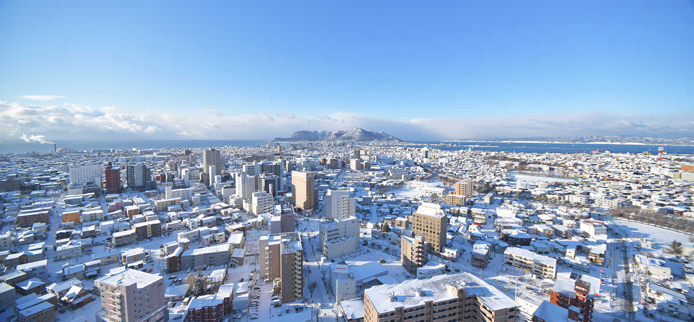 展望２階（地上90m）から見た函館市街と函館山の雪の風景