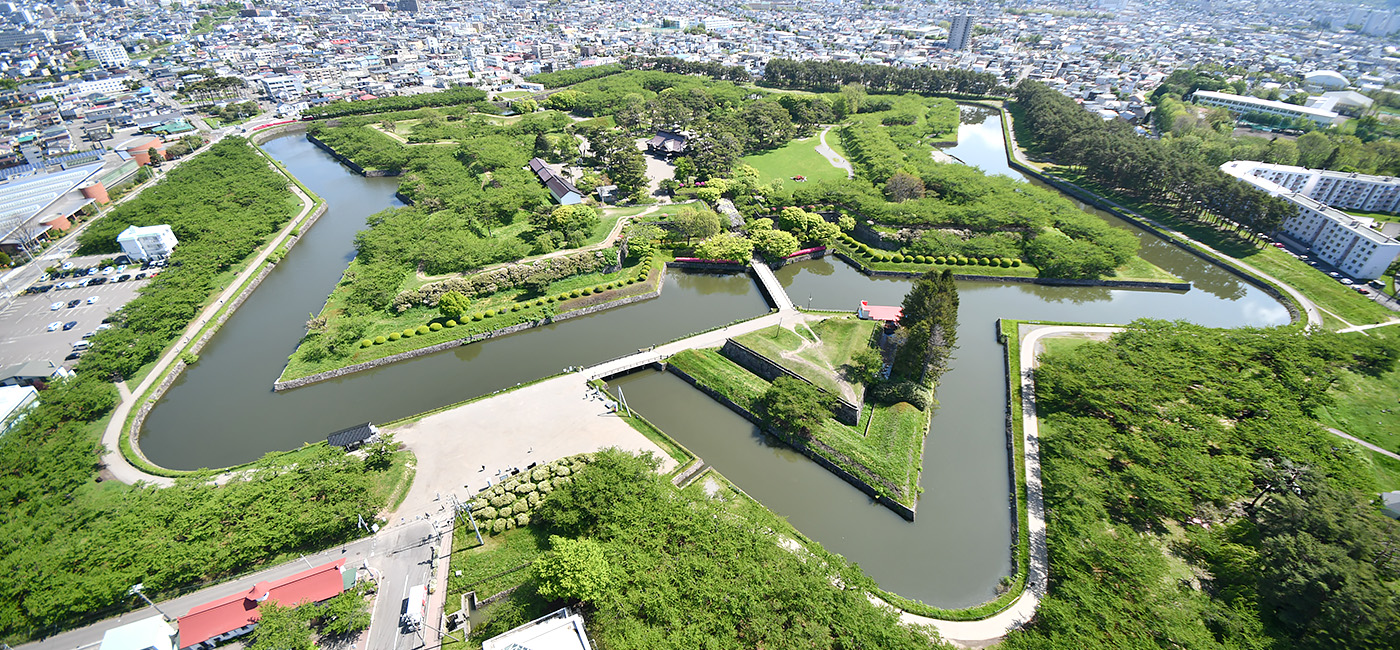 展望台から見た、新緑の特別史跡「五稜郭」