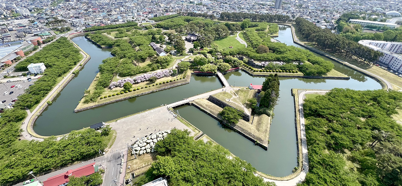 展望台から見た、新緑の特別史跡「五稜郭」